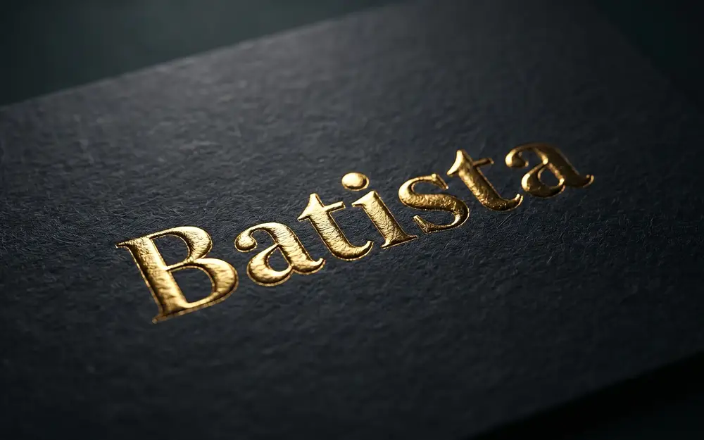 Ilustração de papel escuro com a palavra Batista em hot stamping dourado.