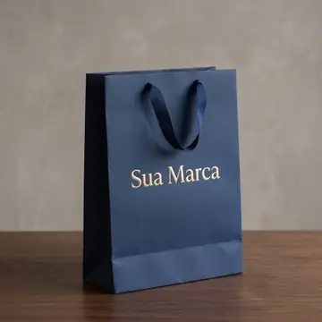 Exemplo de sacola G em pé azul-marinho, com a marca em dourado e alça de fita