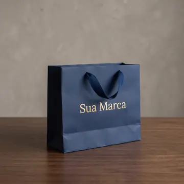 Exemplo de sacola P azul-marinho, com a marca em dourado e alça de fita