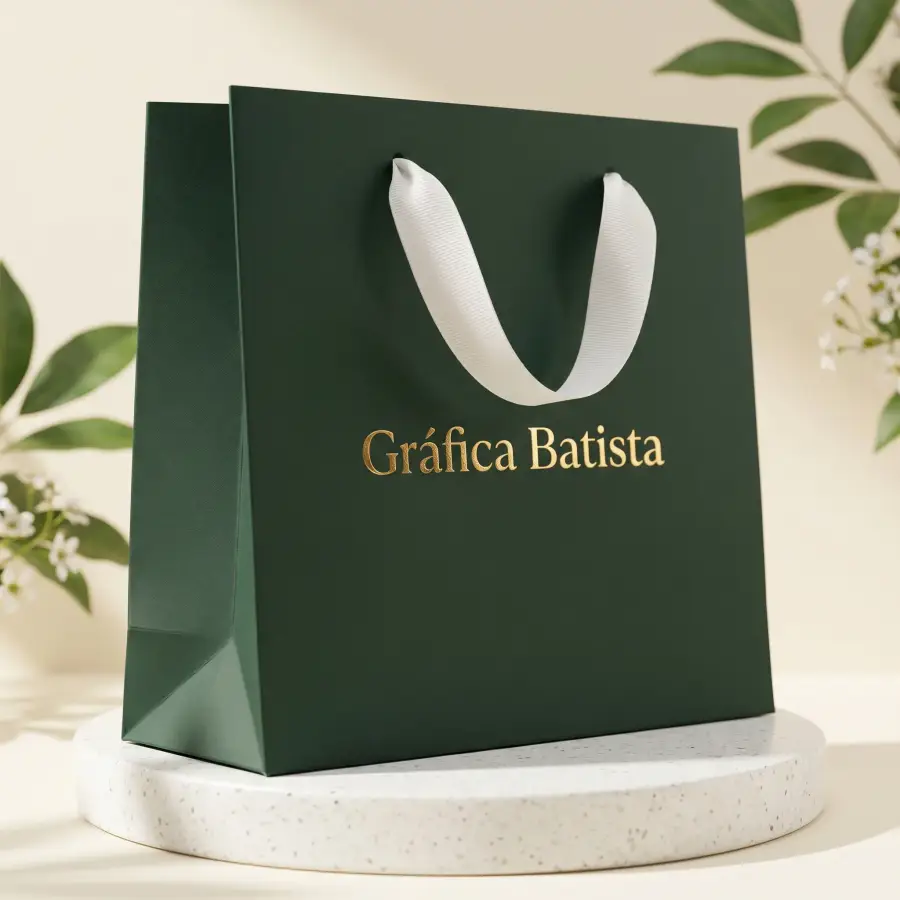 Exemplo de prévia digital: sacola verde com a marca Gráfica Batista em dourado e alça de fita branca.